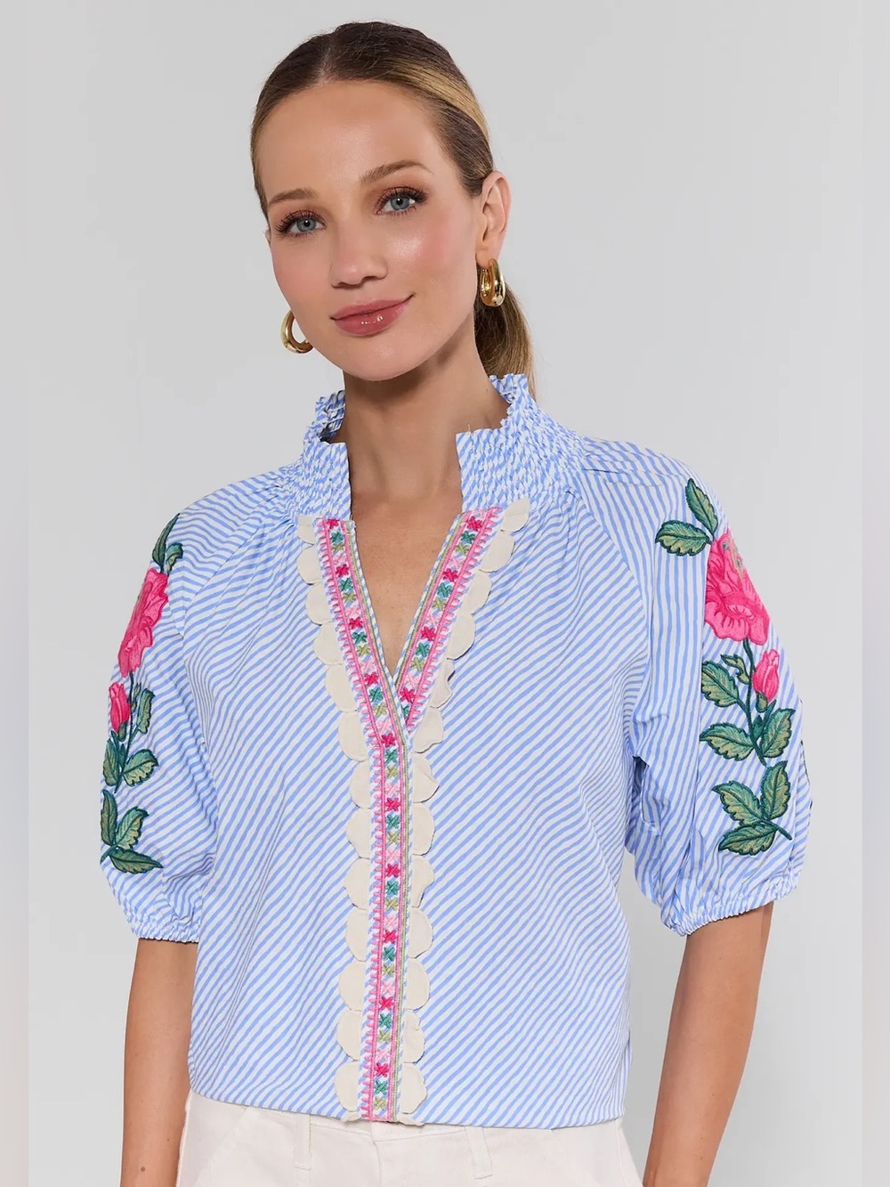THML | Calla Blue Floral Embroidered Top - 100% cotton - Medium